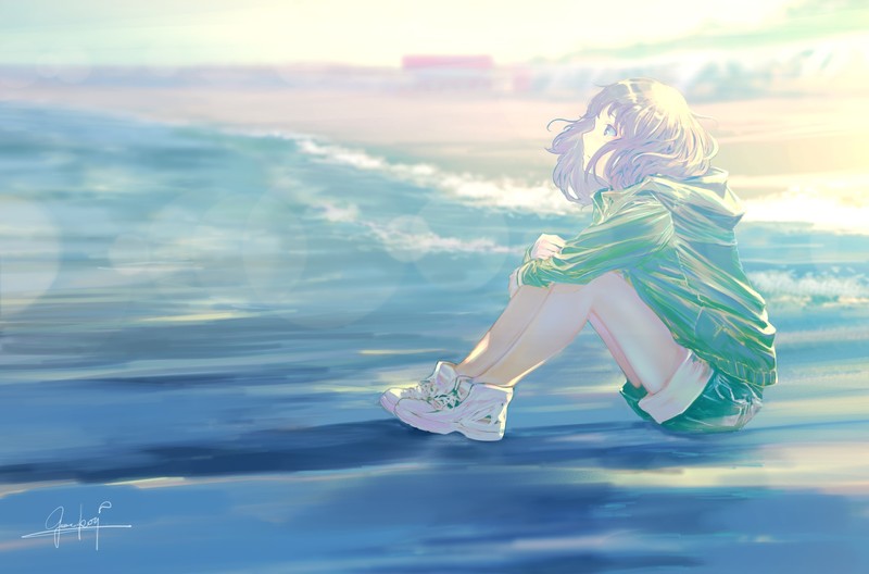 anime, anime girls, sea, moescape