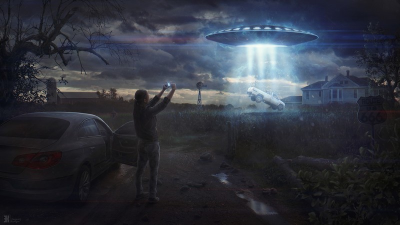 Evgenij Kungur, UFO, car, digital art, clouds, rural, alien abduction, science fiction, Volkswagen CC, Number 6, number of the beast