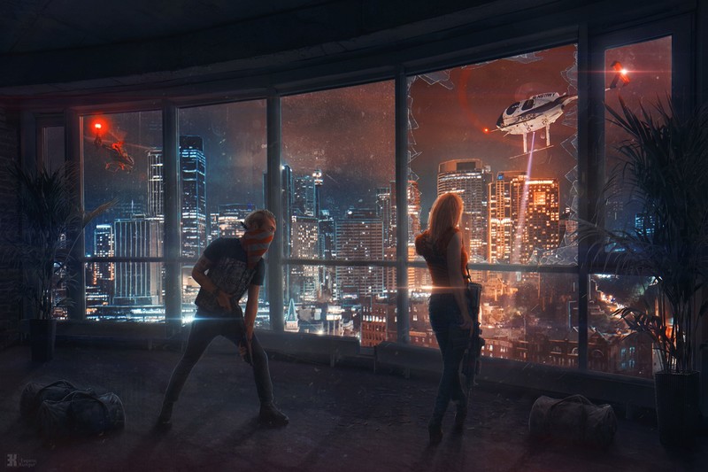 Evgenij Kungur, digital art, broken glass, city, helicopter, police