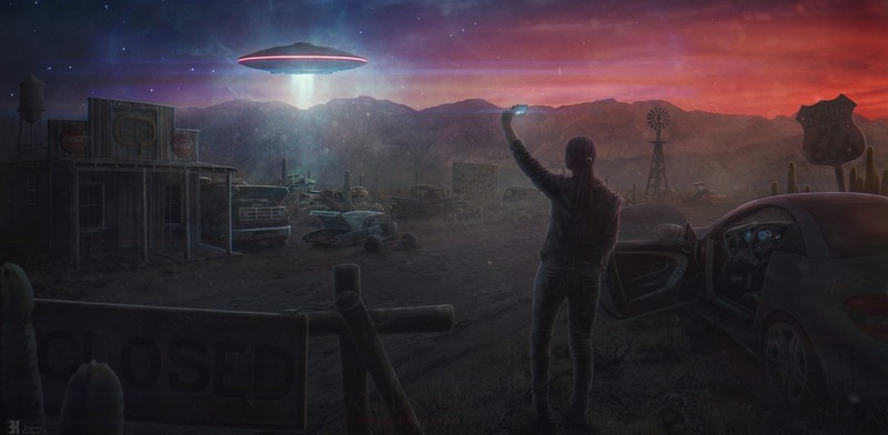Evgenij Kungur, UFO, car, digital art, mountains, rural, wreck, photographer, science fiction