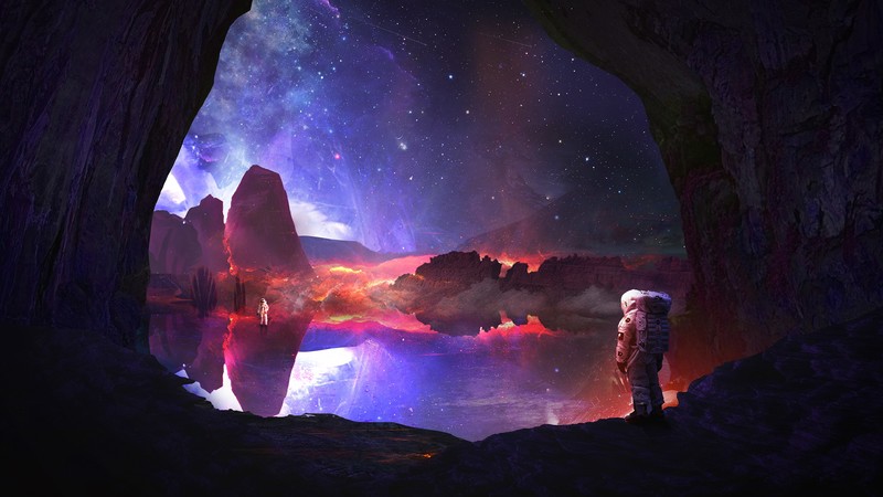 digital art, space, stars, rock, mountains, galaxy, Martina Stipan, astronaut