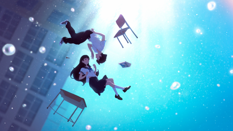 anime, falling, anime girls, schoolgirl, schoolboys, brunette, chair, long hair, cyan