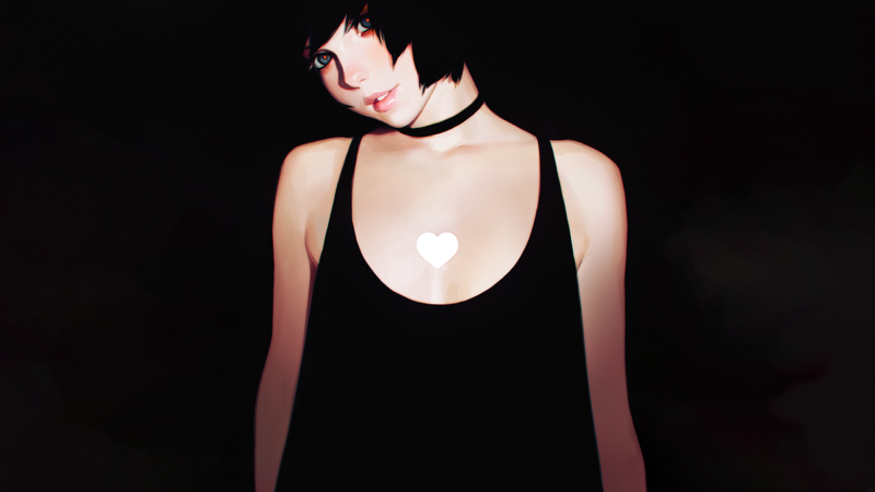digital art, artwork, women, simple background, short hair, brunette, looking at viewer, choker, heart, Ilya Kuvshinov