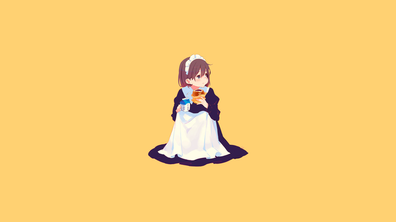 anime, manga, simple background, anime girls, maid, yellow, yellow background, anime girls eating