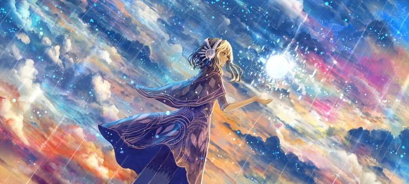 anime, anime girls, blonde, sky
