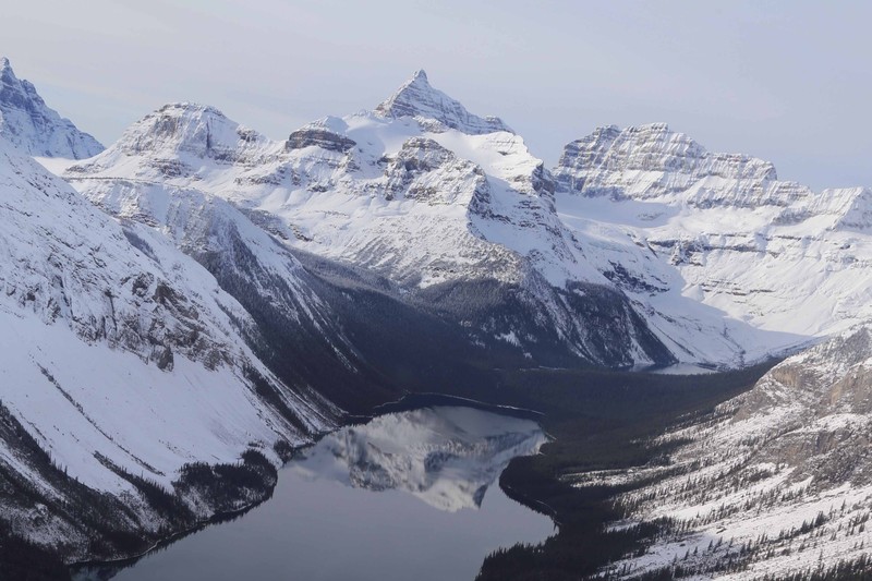 mountains, water, snow, trees, landscape, winter