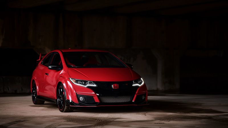 honda fk2, honda, car, red, front view, parking, dark, 4k