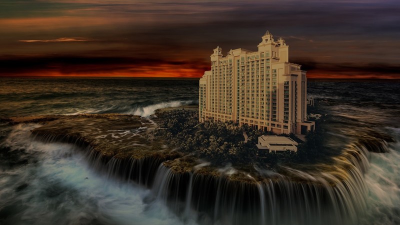 digital art, fantasy art, landscape, building, palm trees, waterfall, water, sea, waves, sunset, horizon, clouds, Photoshop