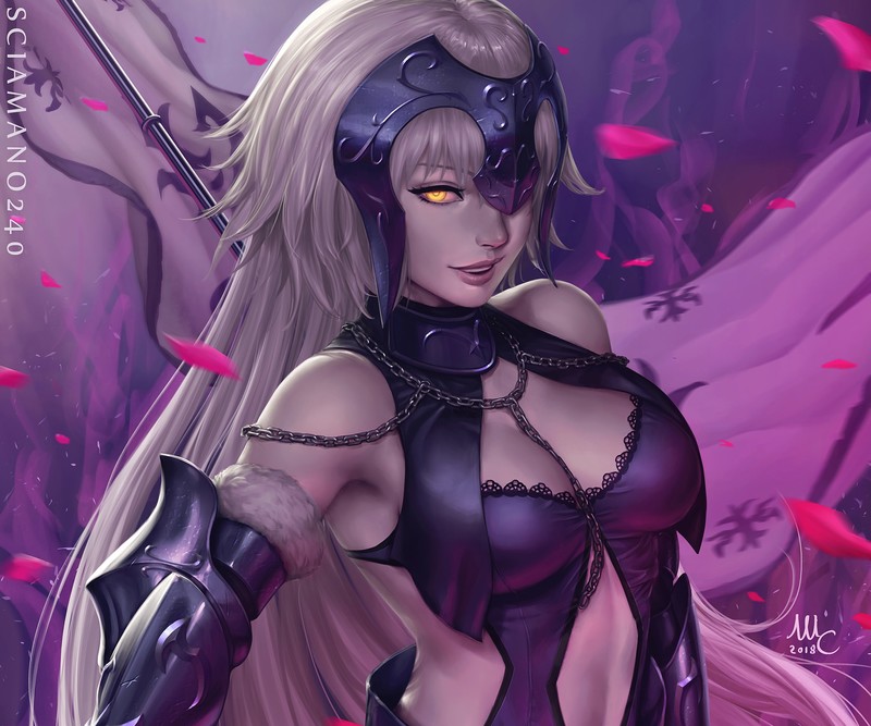 Fate/Grand Order, Jeanne (Alter) (Fate/Grand Order), Avenger (Fate/Grand Order), anime girls, yellow eyes, long hair, white hair, flag, video games, Fate Series, Mirco Cabbia, Sciamano240