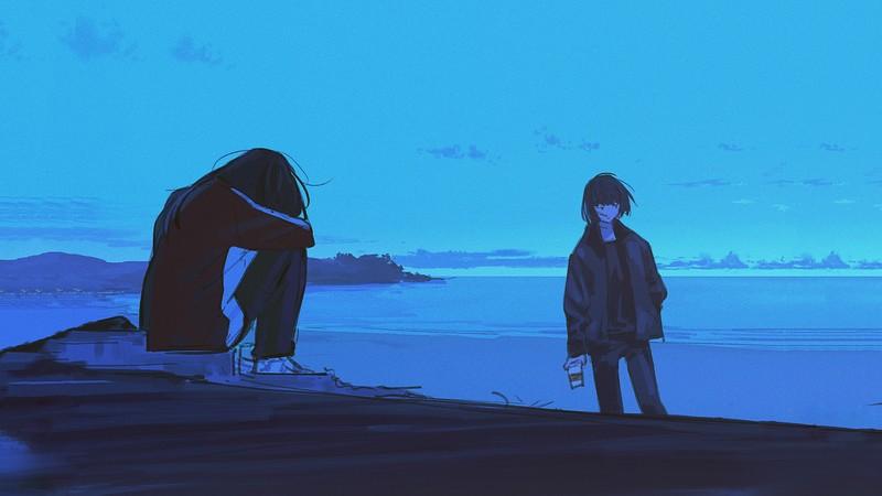 beach, digital art, blue, sad, landscape, sea, cyan, minimalism, simple