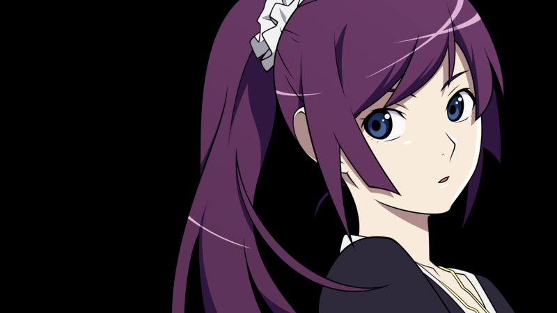 anime, anime girls, simple background, simple, Monogatari Series, Senjougahara Hitagi, blue eyes, white skin, purple, dark background, purple hair