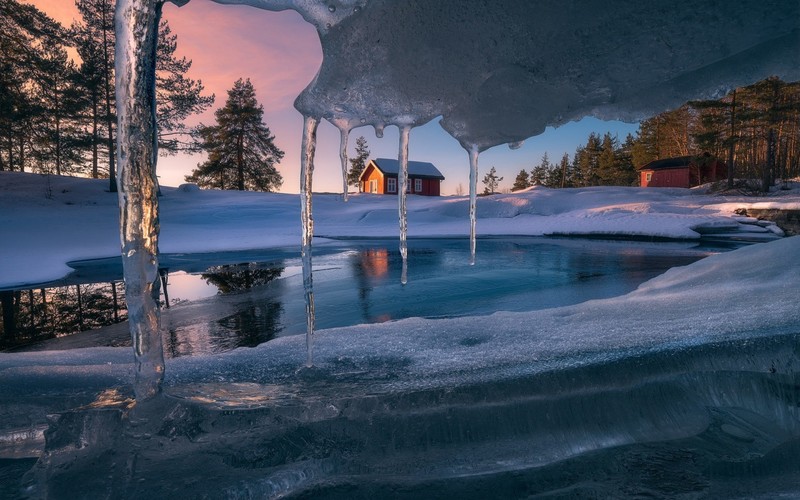 ice, winter, nature, icicle, cabin, snow, frozen river, evening, pine trees, frozen lake