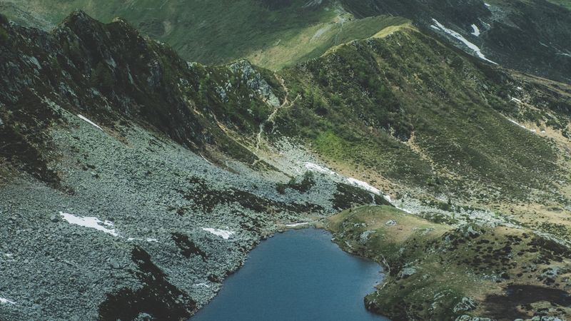mountains, lake, aerial view, landscape, mountain range, 4k