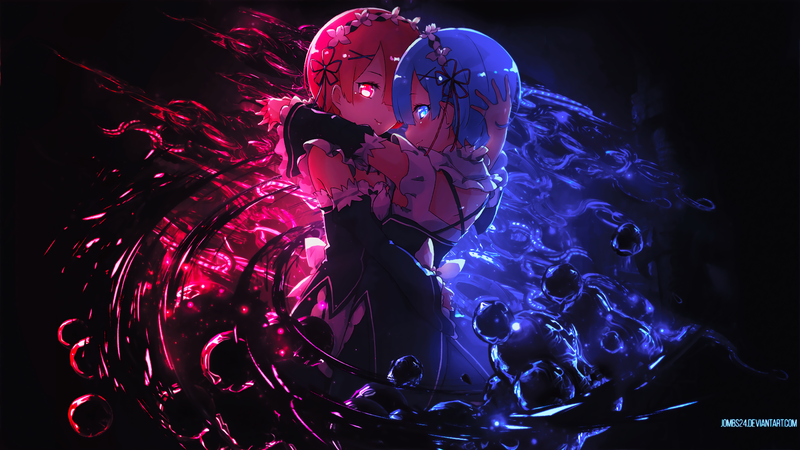 Re:Zero Kara Hajimeru Isekai Seikatsu, Rem (Re: Zero), anime, anime girls, redhead, blue hair, glowing eyes