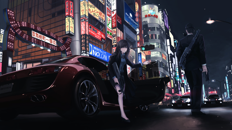Tokyo, car, vehicle, anime girls, city, anime, weapon