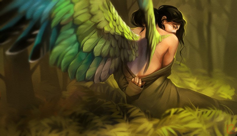 Alexandra GaudiBuendia Khitrova, women, brunette, wings, grass, forest