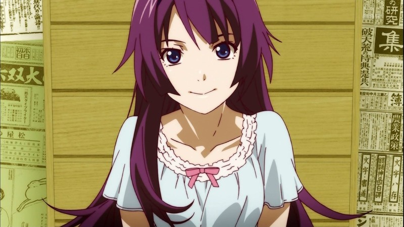 anime, anime girls, Monogatari Series, Senjougahara Hitagi, purple, blue eyes, white skin, purple hair
