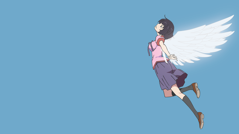 anime, simple, simple background, anime girls, school uniform, blue, brunette, Monogatari Series, Hanekawa Tsubasa, angel