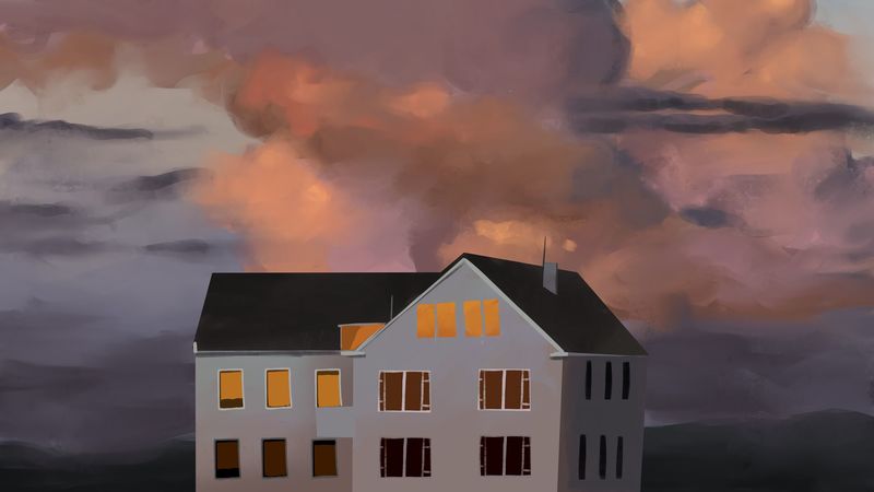 house, building, clouds, painting, art, 4k