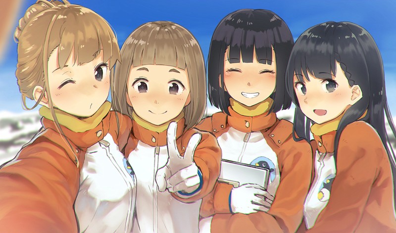 Sora yori mo Tooi Basho, anime girls, Tamaki Mari, Kobuchizawa Shirase, Miyake Hinata, Shiraishi Yuzuki, Antarctica, long hair, short hair, brunette, black hair, hugging, taking selfie, peace sign, smiling, 2D, blushing, black eyes, fan art, crying
