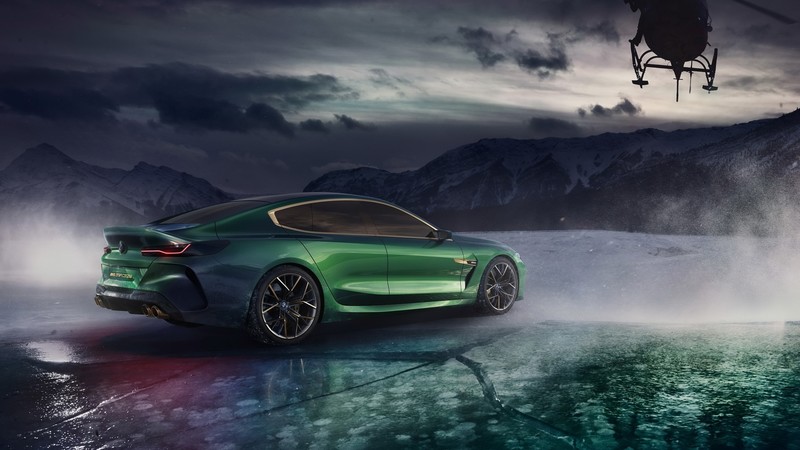 BMW, car, BMW 8 series, BMW G14/G15/G16, green car, green cars, ice, frozen lake, helicopter, helicopters, mountains