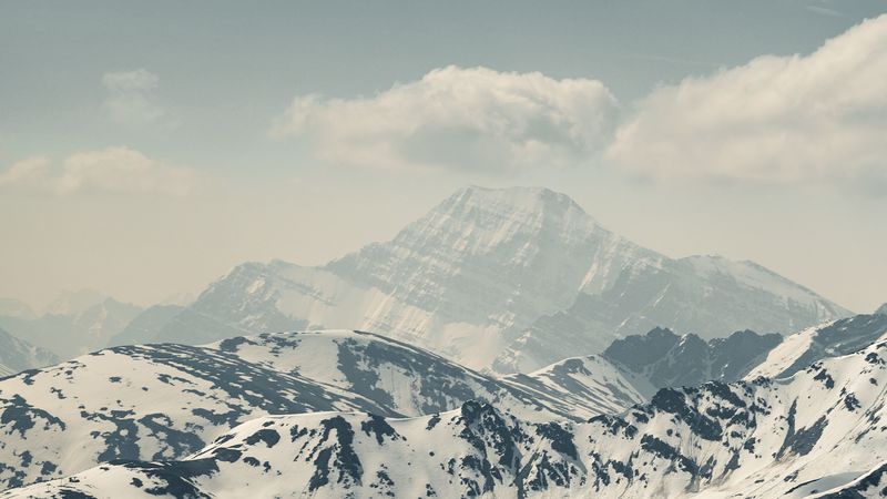 mountains, peaks, fog, snow, clouds, landscape, 4k