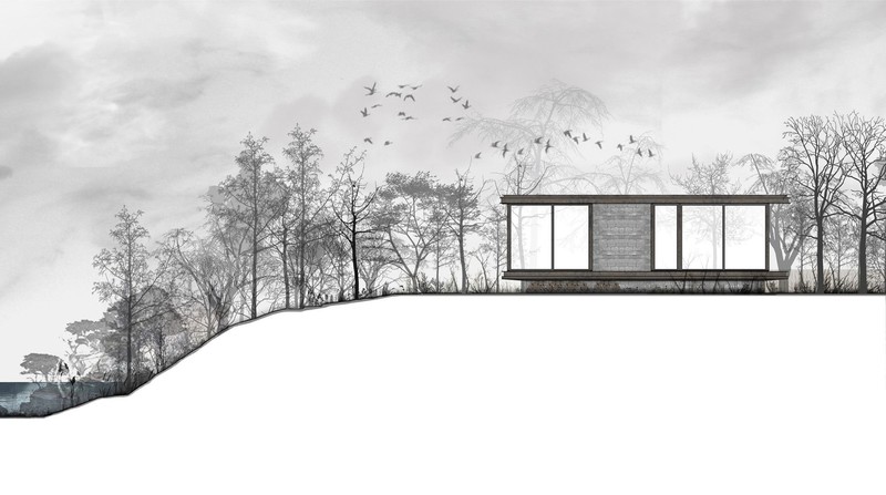 modern, architecture, building, house, Conceptual, winter, trees, forest, birds, hill, monochrome, water, clouds, CGI, Paul de Ruiter, render, Villa Kogelhof