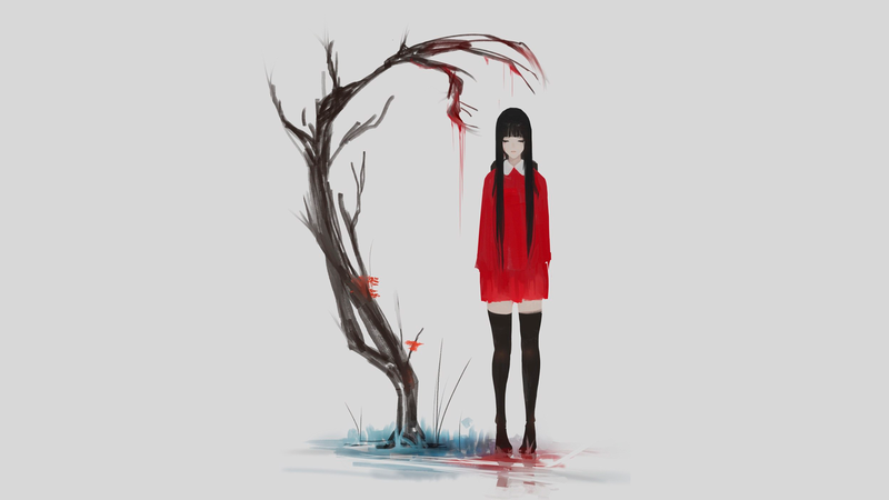 anime, anime girls, grey, simple background, red, trees, depressing