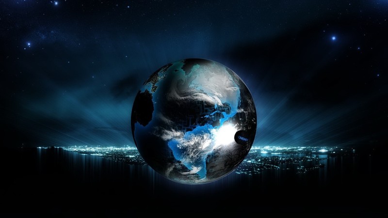 night, stars, Earth, digital art, cityscape, lights, continents