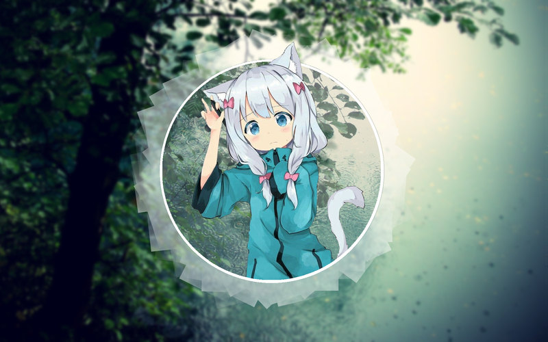 anime, anime girls, picture-in-picture, Izumi Sagiri, cat girl, fan art, blurred, blue eyes, white skin, forest, landscape, white hair