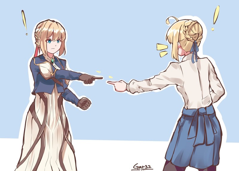 Fate/Stay Night, Violet Evergarden (anime), Saber, Violet Evergarden, anime girls, crossover, Fate Series, blond hair, long hair, braided hair, red ribbon, Blue ribbons, pantyhose, blue eyes, 2D, finger pointing, fan art