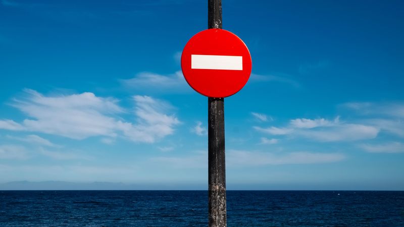 sign, prohibition, red, water, horizon, 4k