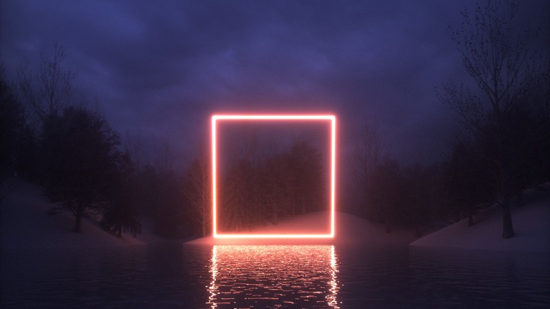 neon, square, reflection, nature, Cinema4D, night