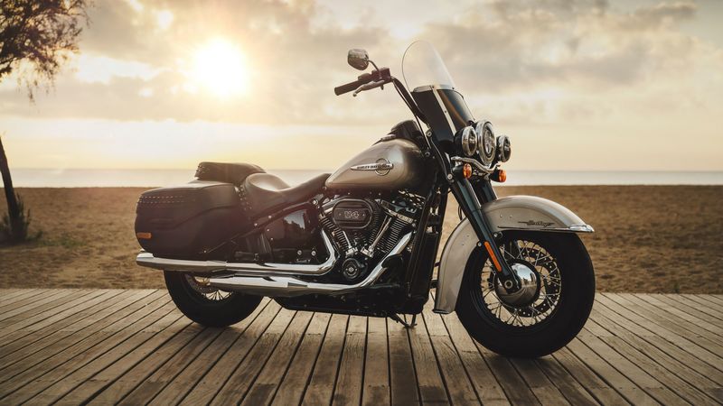 harley-davidson, motorcycle, bike, side view, shore, horizon, 4k
