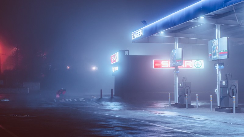 night, long exposure, street, street light, Gas station
