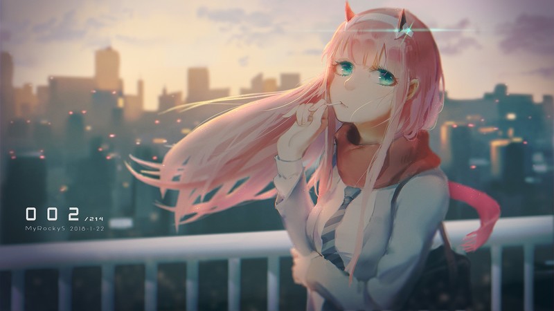 Darling in the FranXX, anime girls, Zero Two (Darling in the FranXX), pink hair, blue eyes