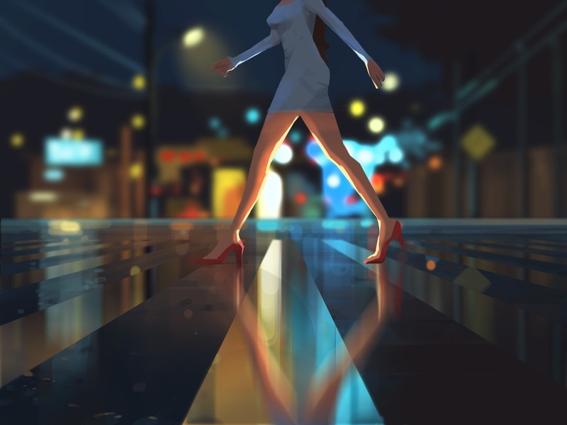 painting, women, street, night, dress