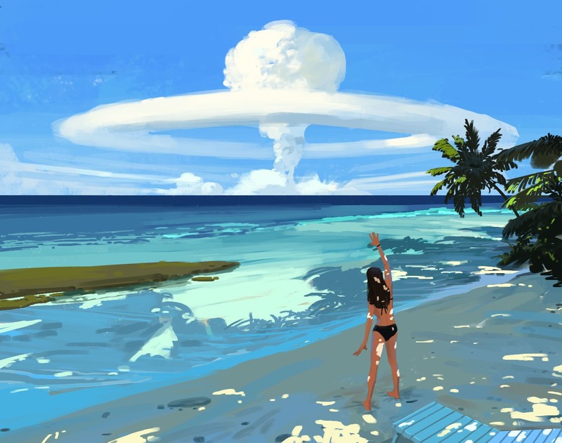Shin jong hun, painting, women, bikini, water, plants, sea, explosion, sand