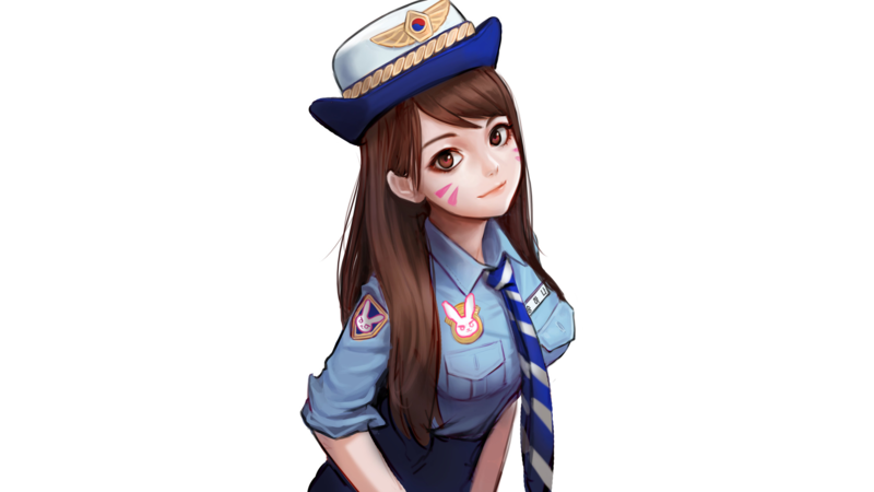 digital art, artwork, D.Va (Overwatch), video games, Overwatch, simple background, women, brunette, looking at viewer, police women, tie