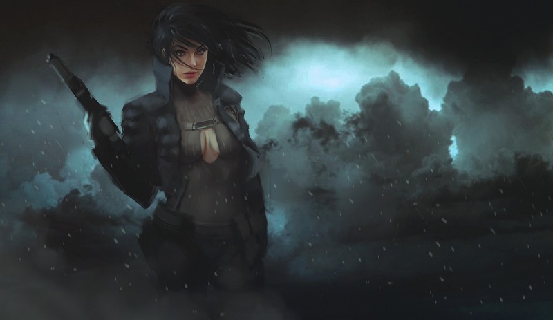 digital art, artwork, video games, women, brunette, cleavage, gun, rain
