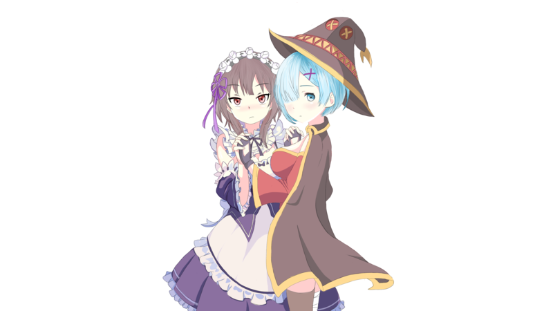 anime, anime girls, fan art, white background, Rem (Re: Zero), Megumin, crossover, Re:Zero Kara Hajimeru Isekai Seikatsu, Kono Subarashii Sekai ni Shukufuku wo!, simple background