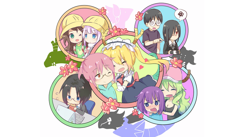 anime, anime girls, Kobayashi-san Chi no Maid Dragon, Kanna Kamui (Kobayashi-san Chi no Maid Dragon), Tohru (Kobayashi-san Chi no Maid Dragon), Lucoa (Kobayashi-san Chi no Maid Dragon), Kobayashi (Kobayashi-san Chi no Maid Dragon), Fafnir (Kobayashi-san Chi no Maid Dragon), Elma Jouii (Kobayashi-San Chi no Maid Dragon), white background, fan art