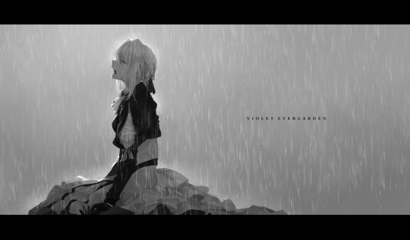 Violet Evergarden, anime girls, monochrome, crying, open mouth, rain, anime