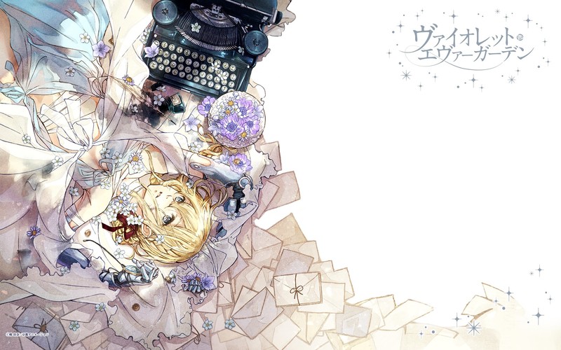 Violet Evergarden, anime girls, white background, blond hair, typewriters, flowers