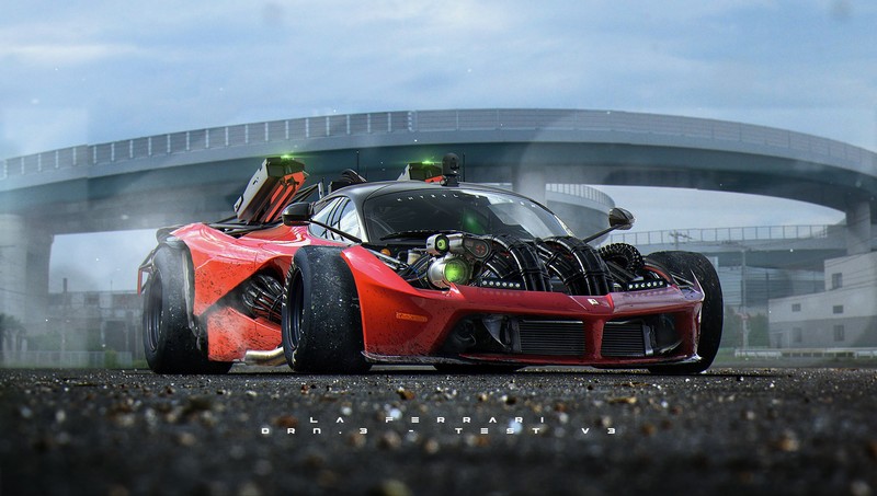3D, render, car, bridge, street, Khyzyl Saleem, Ferrari LaFerrari