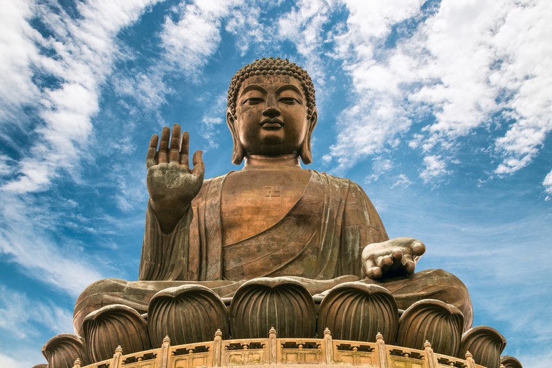 Buddha, Buddhism, Tian Tan Buddha, statue, Hong Kong, meditation, swastika, lotus flowers, clouds, sky, frontal view