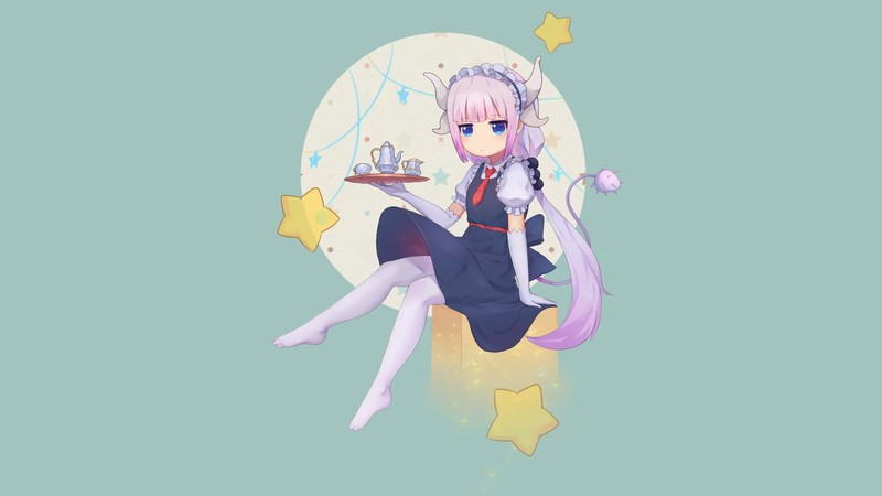 anime, anime girls, Kobayashi-san Chi no Maid Dragon, Kanna Kamui (Kobayashi-san Chi no Maid Dragon), loli, blue eyes, simple, fan art, white skin, white hair, white pantyhose