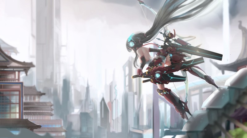 anime girls, anime, long hair, cityscape