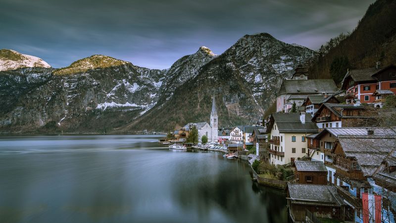 city, mountains, lake, buildings, architecture, 4k
