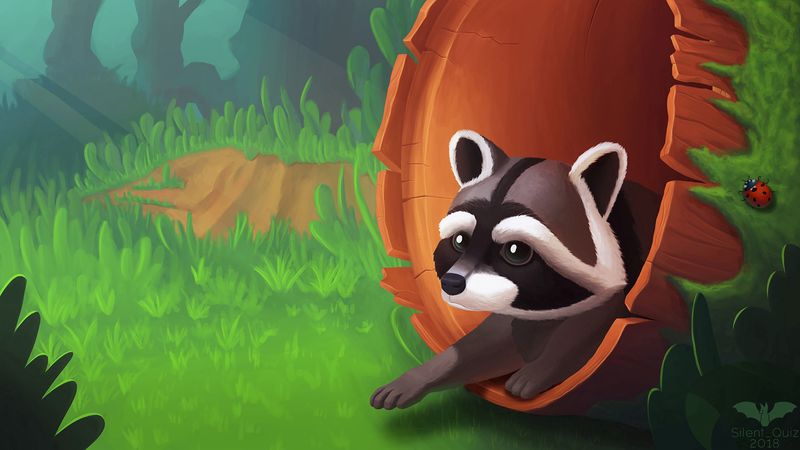 raccoon, art, tree, grass, 4k